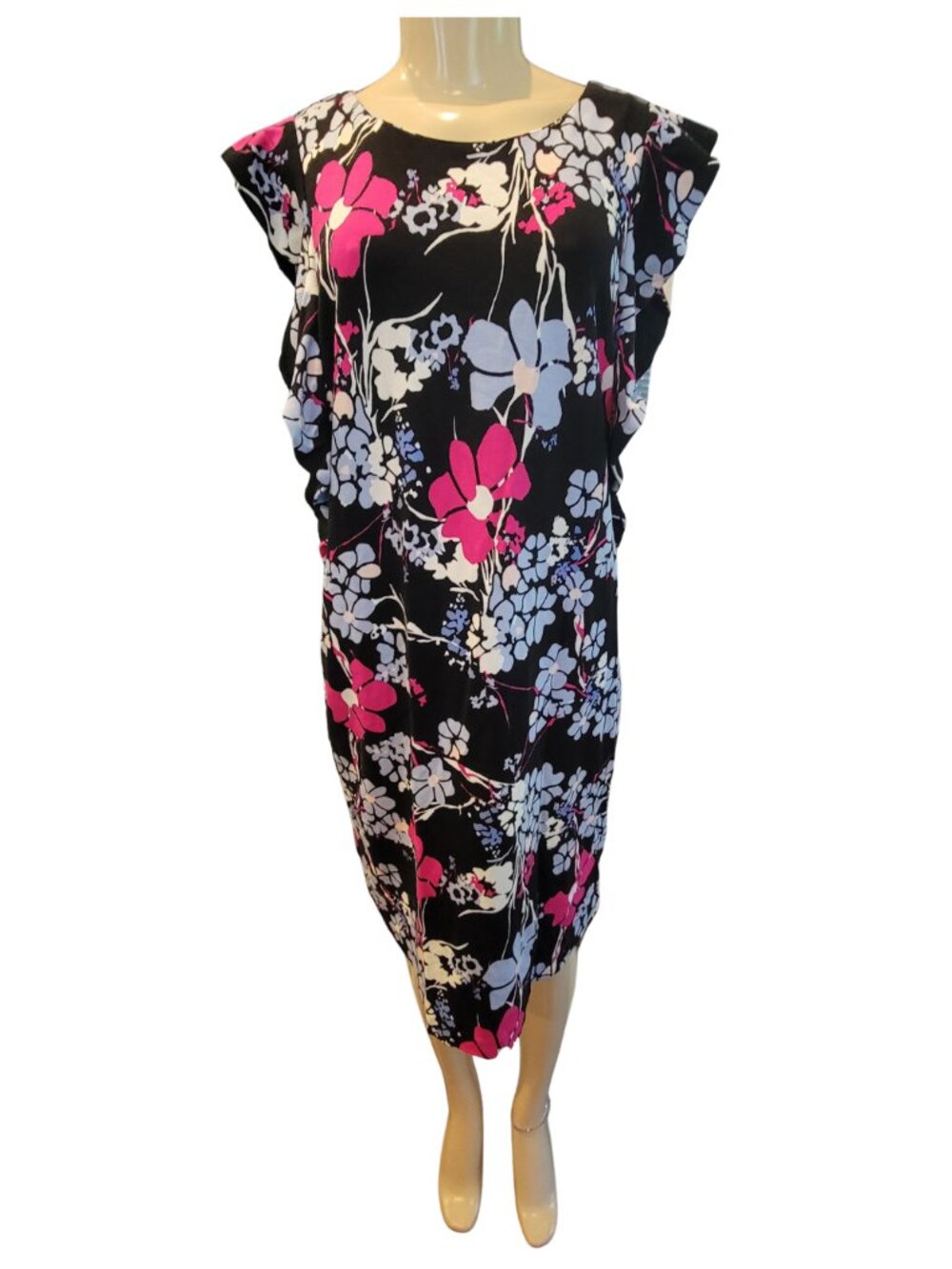 Kaari Blue Black Branch Arty Pop Midi Shift Dress Short Sleeve Floral Print